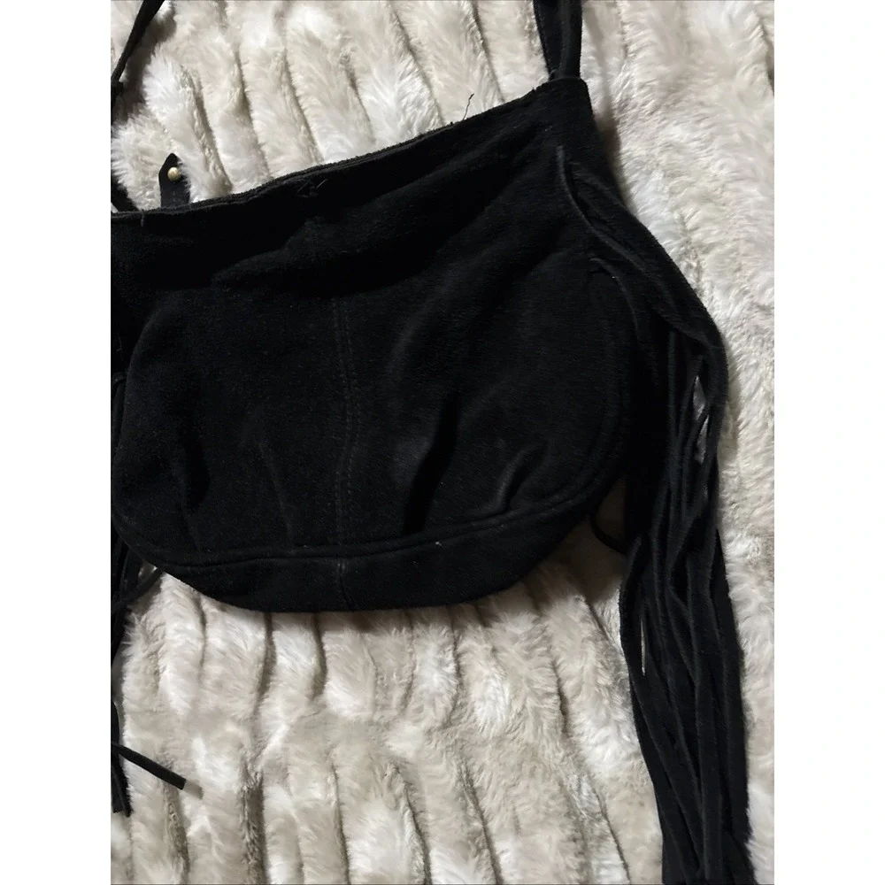 Mossimo Crossbody Black Leather Fringe Small Bag Boho Festival Hippie Zippered
